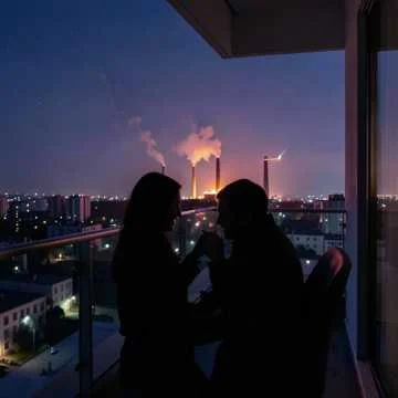 Ночь. Балкон. Сияние завода.