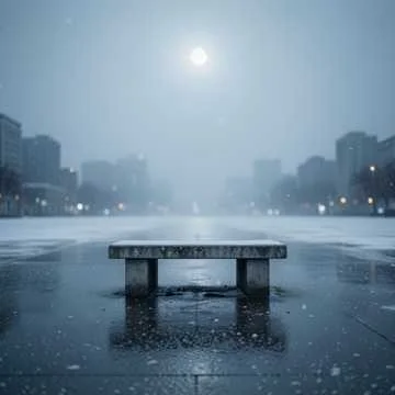 Ночь, тихо падает снег, кружась, исчезая в тени