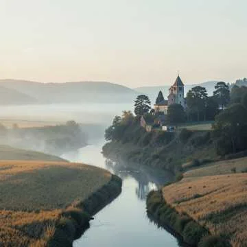 За красивою рекой, где туман ложится в поле,