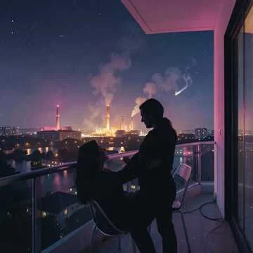 Ночь. Балкон. Сияние завода.