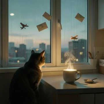 Котик смотрит на самолетик